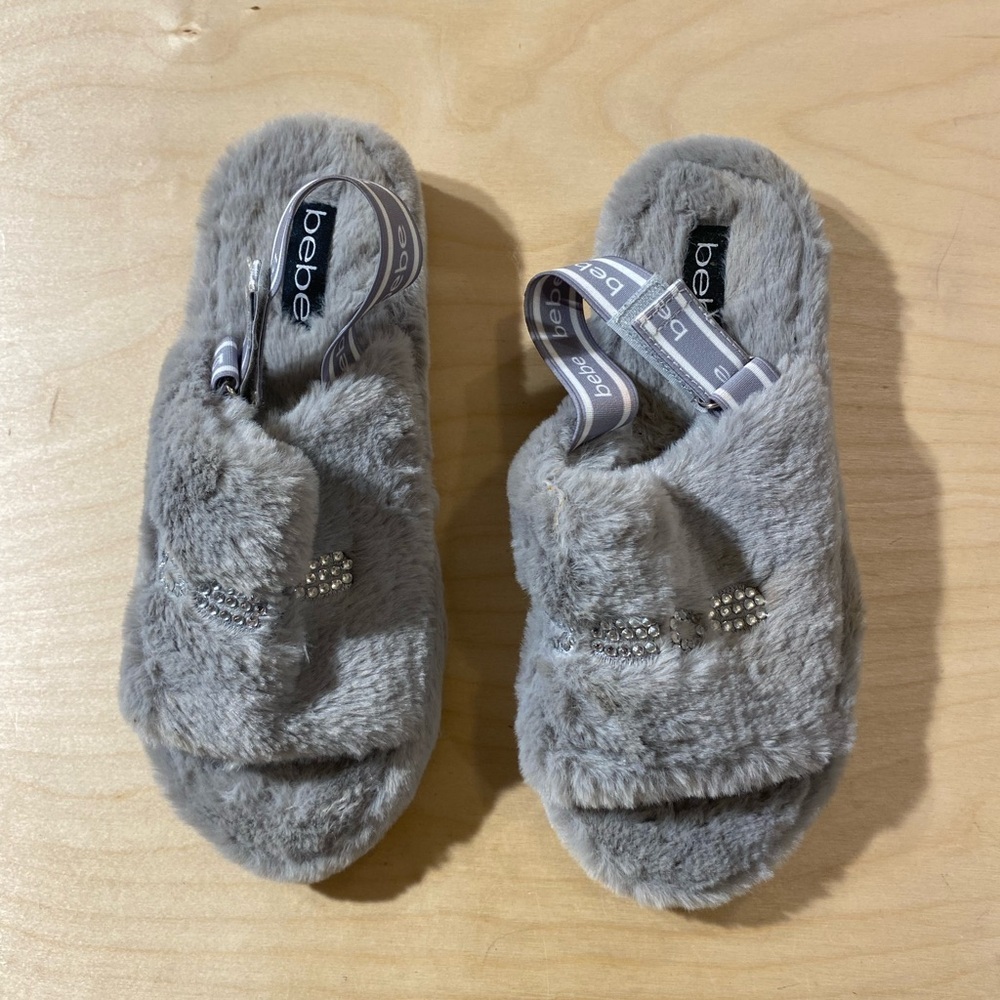 Bebe Gray Fuzzy Slippers with Rhinestone Detail Size 9 (LQ)
